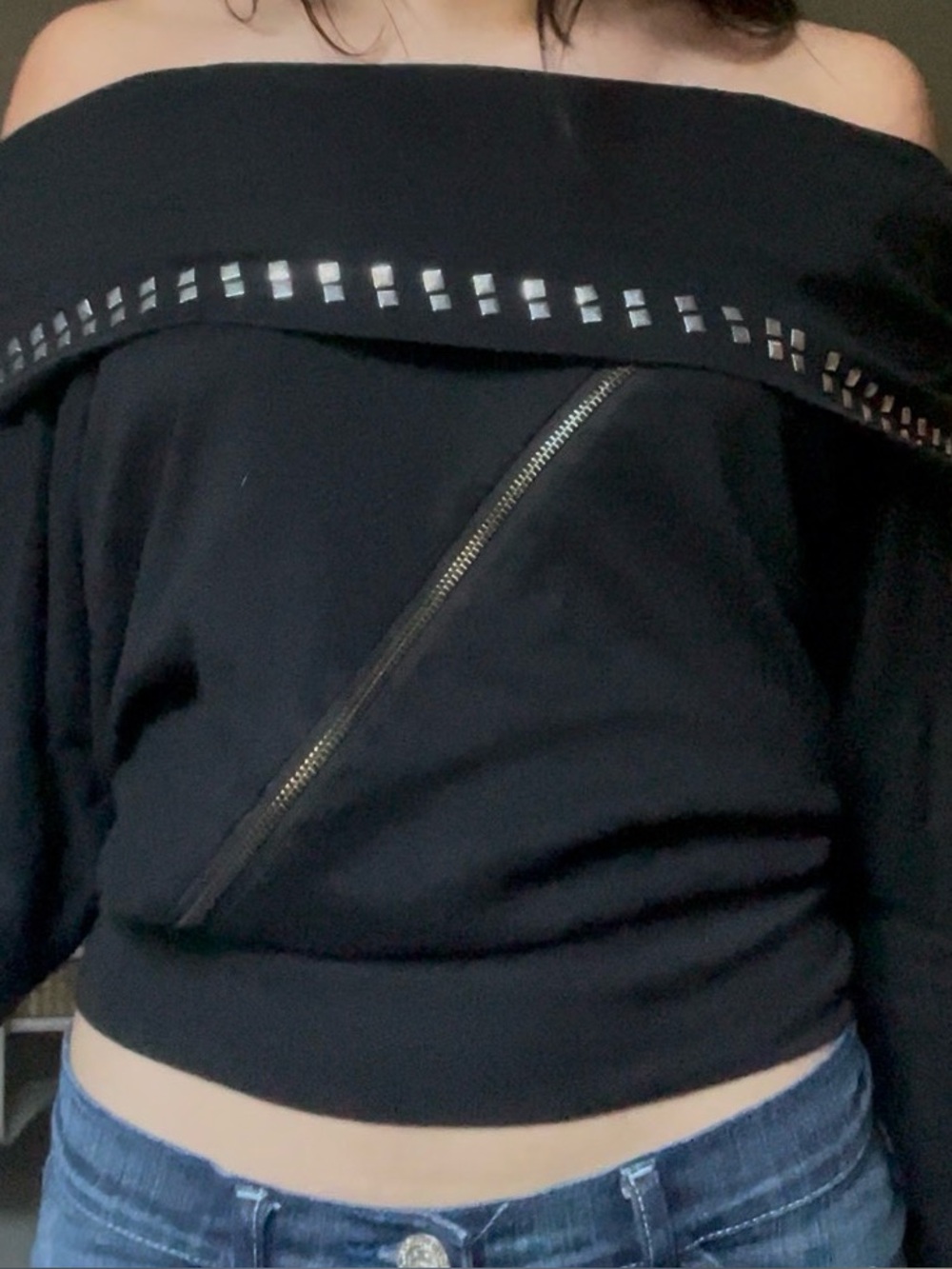 Y2K Black Studded Off Shoulder Zip Sweatshirt